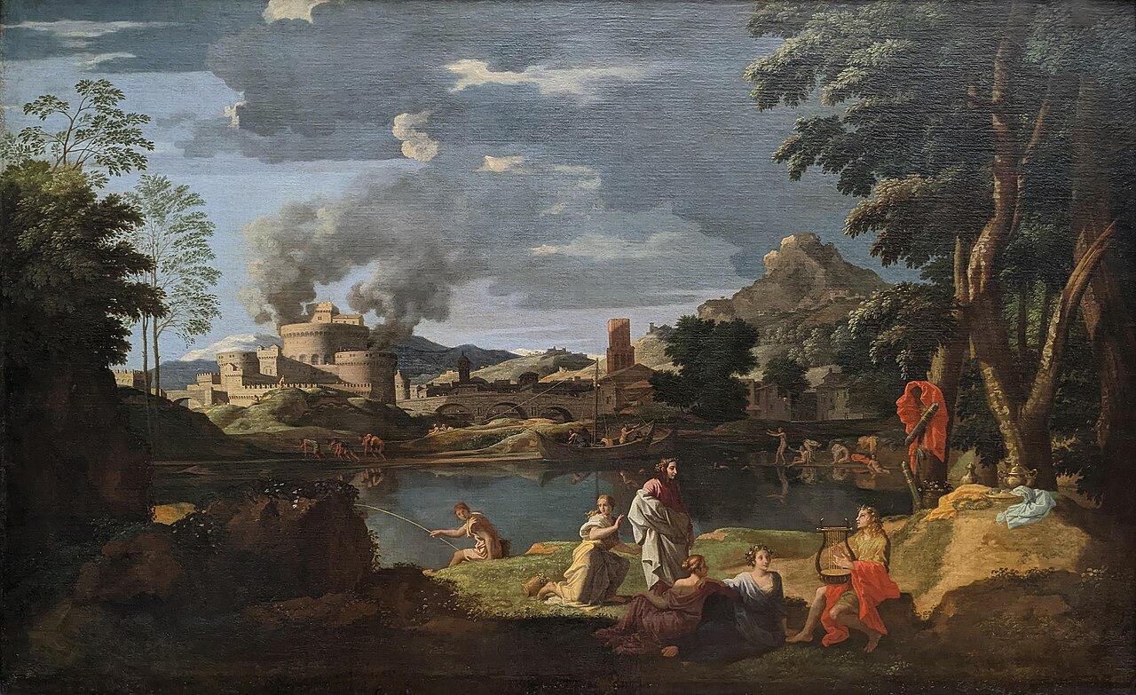 Oil painting of a wide river landscape. At the right a seated man in red plays a lyre. Other figures rest and fish along the bank. Smoke rises from a fortress under a blue sky.